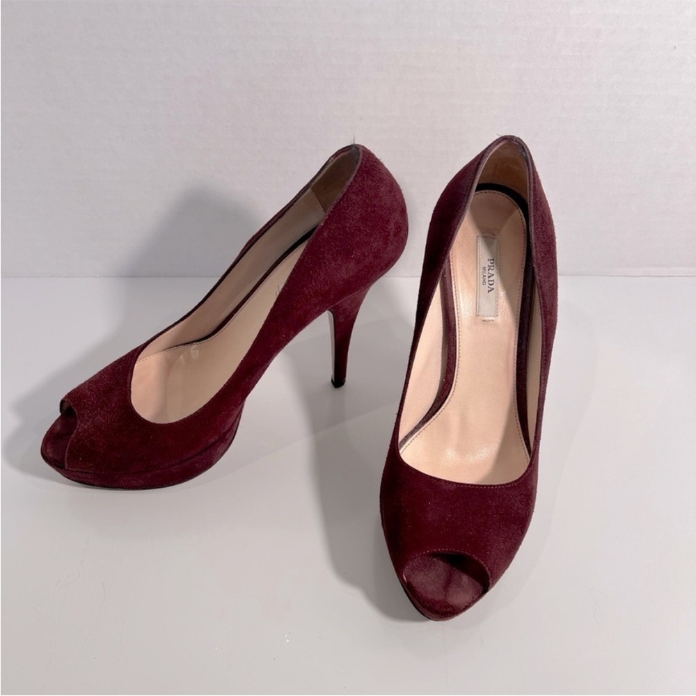 PRADA | Peep Toe Heels | Womens 38/8 Deep Burgundy Suede Platform Stiletto Pumps